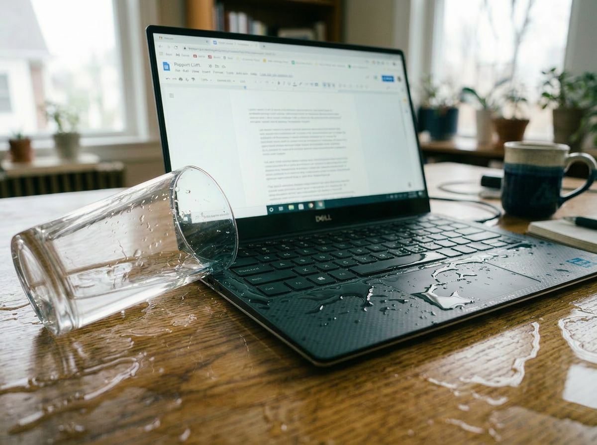 Laptop with spilled water and an overturned glass on a wooden table
